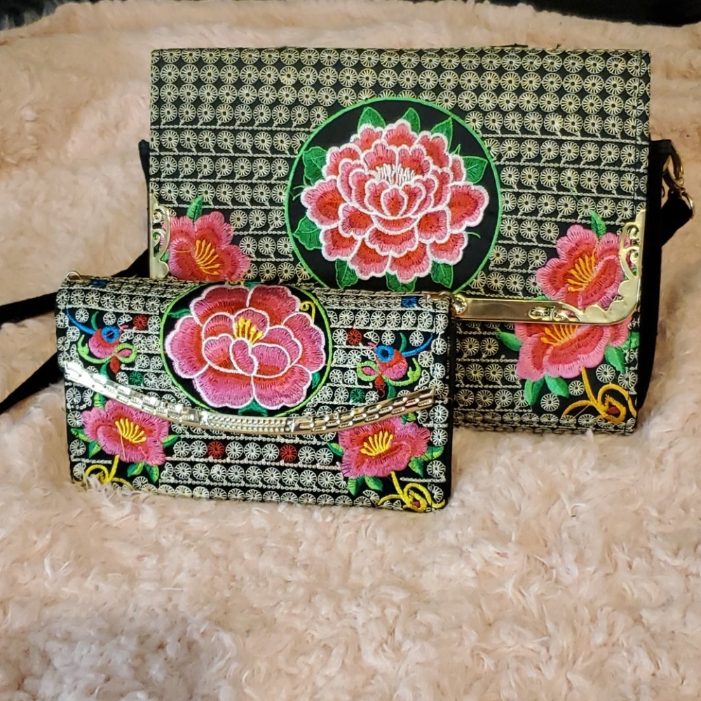 Embroidered bag with wallet